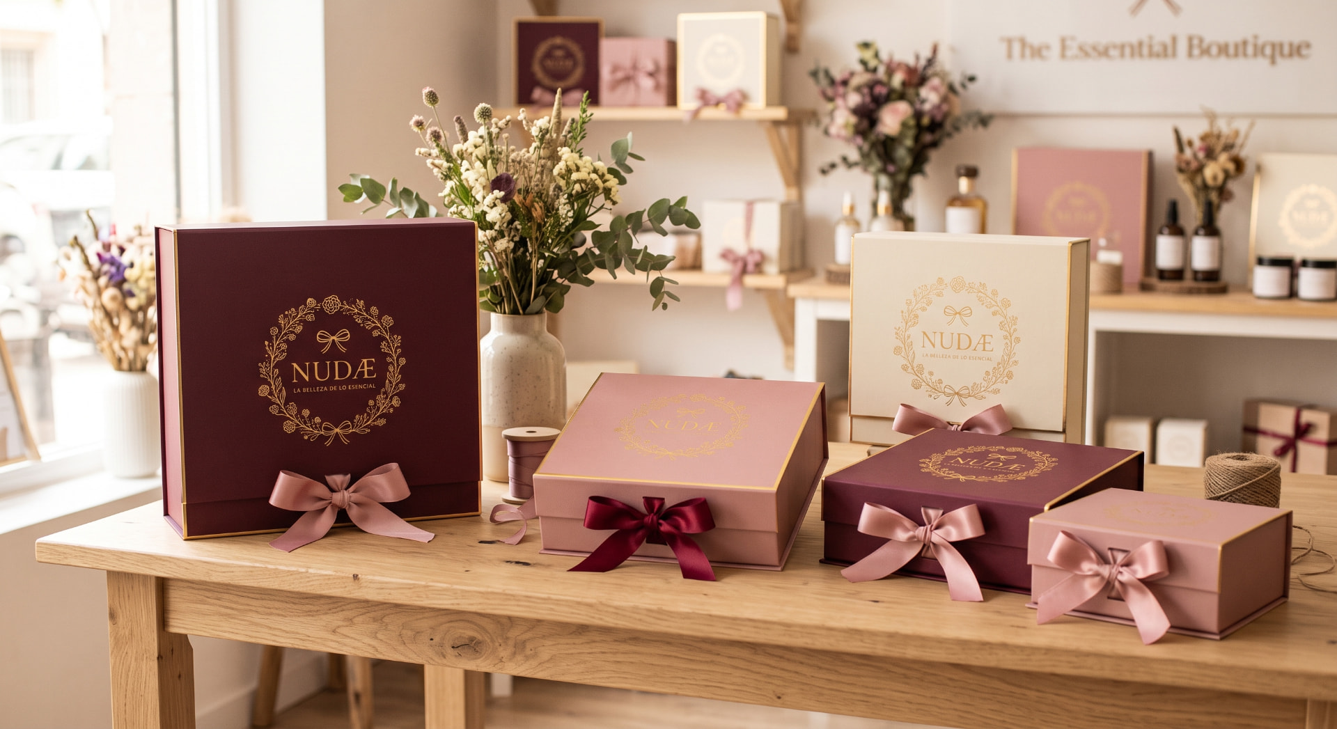 Colección de cajas Nudæ en borgoña, rosa empolvado y marfil con listones y detalles dorados