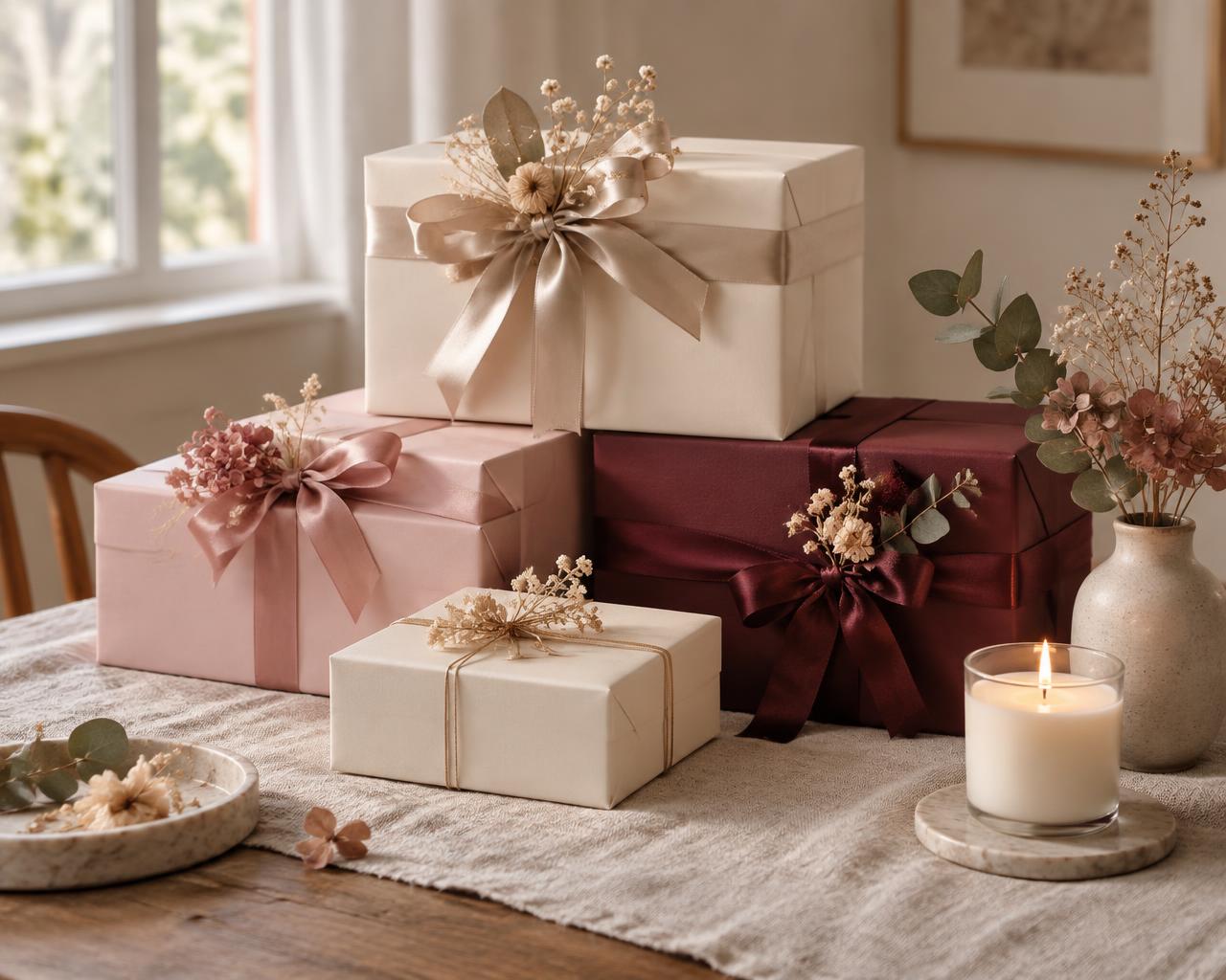Cajas de regalo Nudæ en marfil, rosa empolvado y borgoña con listones de satén y flores secas